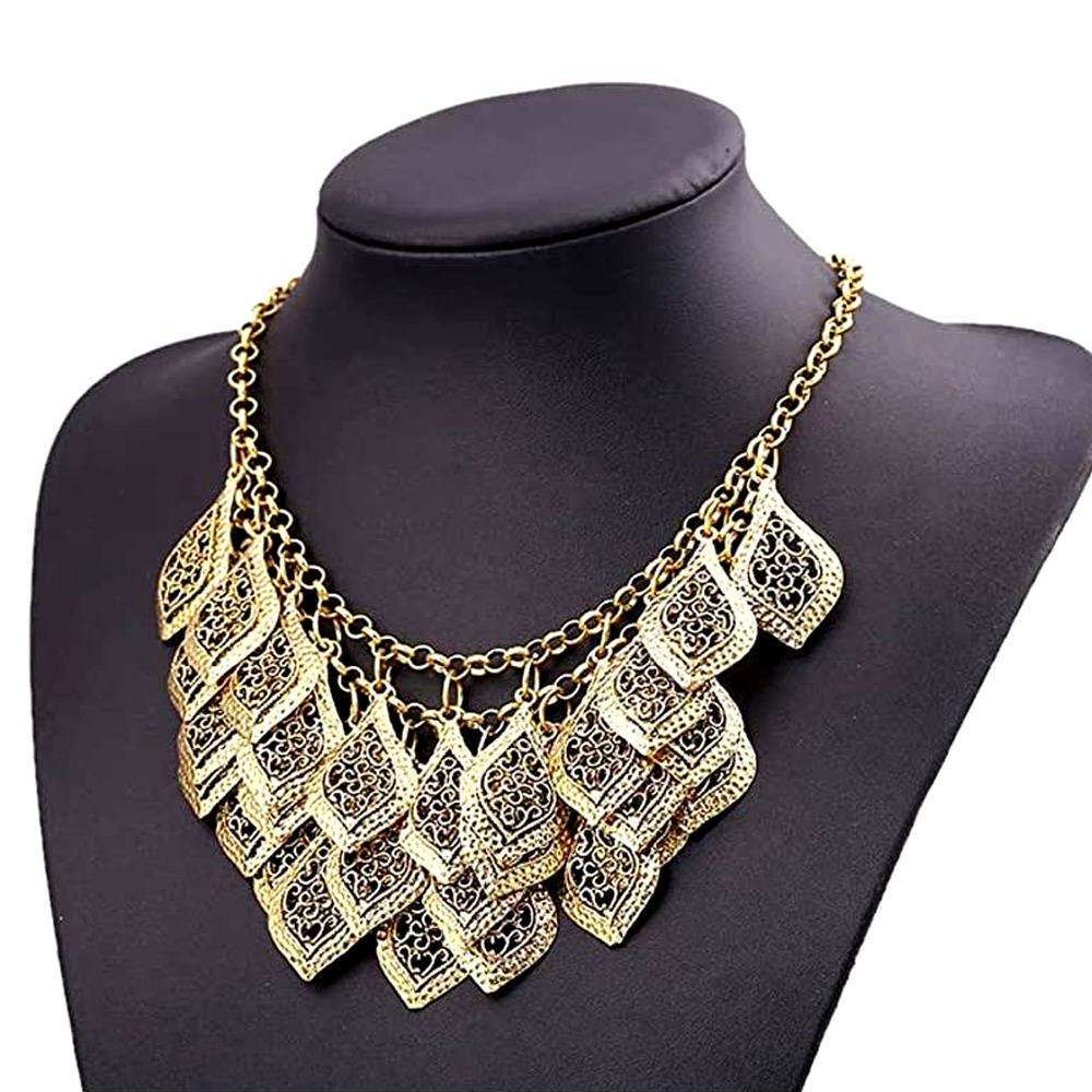 Gold Plated Leaves Multi Chain Collar Bib Chunky Necklace Vintage Multilayer